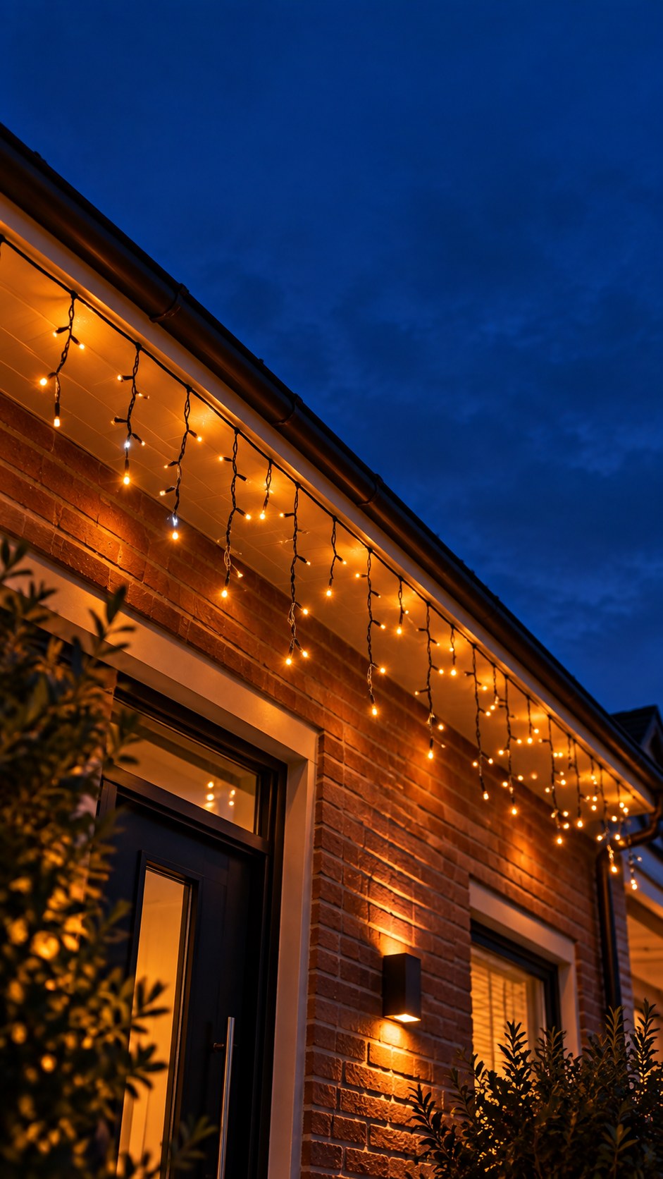 Hoek van een huis met ijspegelverlichting langs voor- en zijgevel