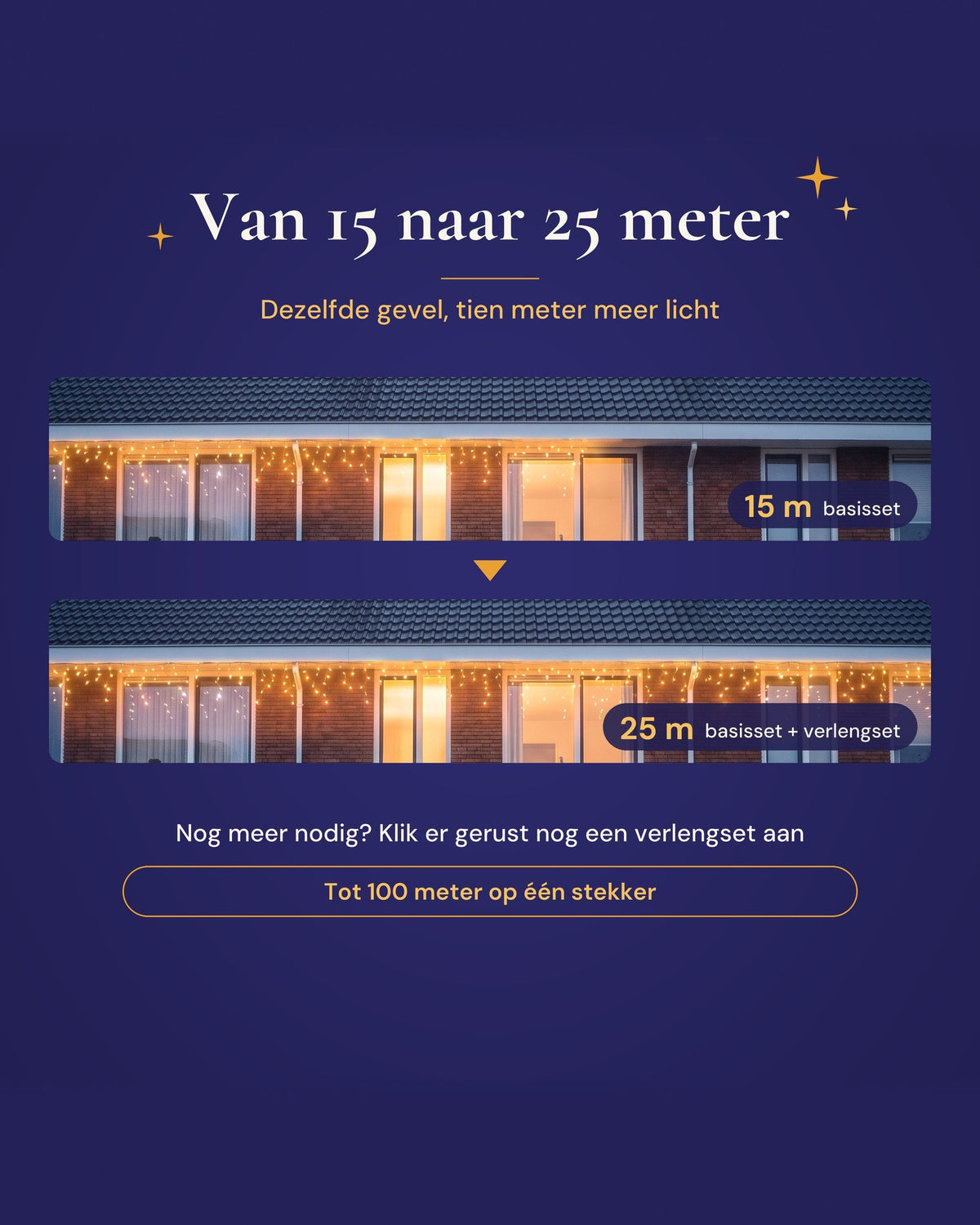 Dezelfde gevel met 15 meter en met 25 meter ijspegelverlichting