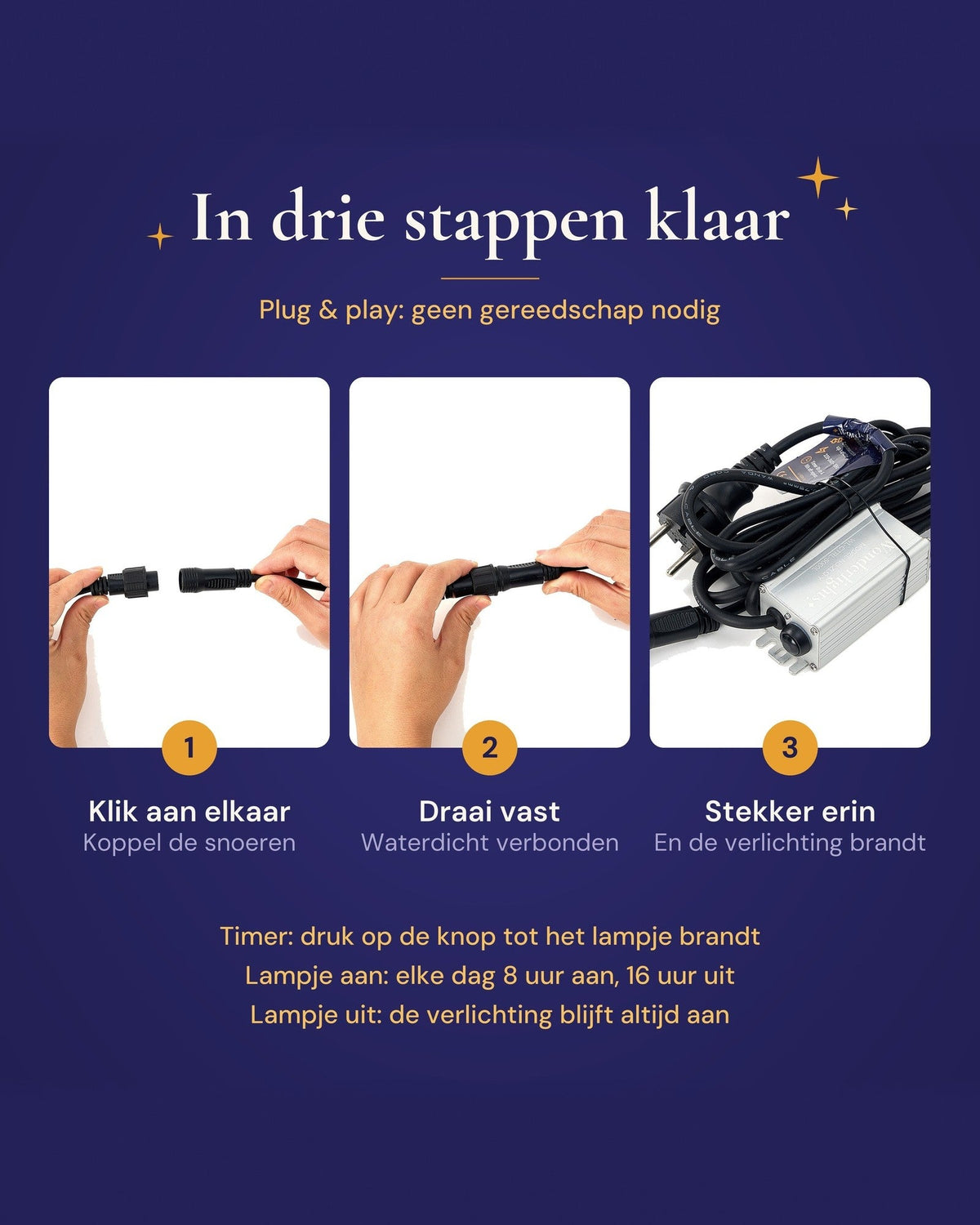 In drie stappen klaar: klikken, vastdraaien, stekker erin