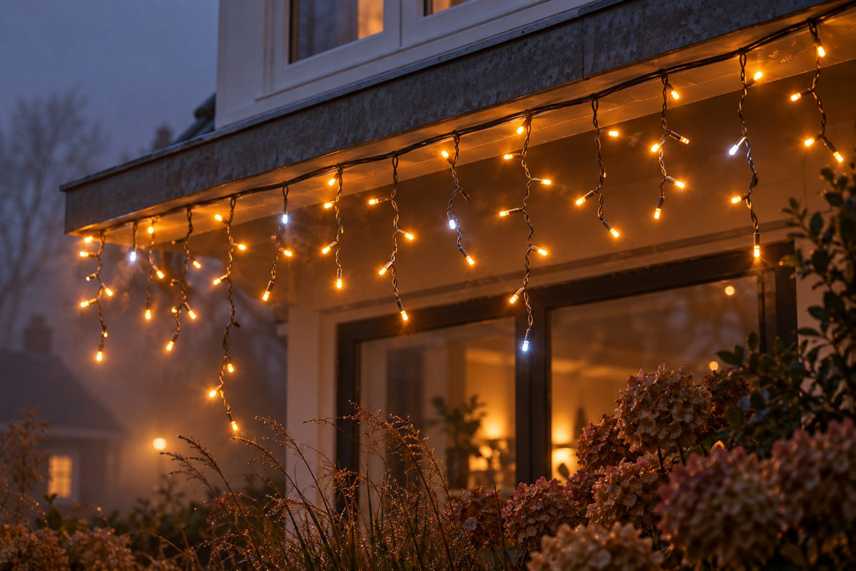 Kerstverlichting met timer: huis in de schemering met ijspegelverlichting langs de dakrand