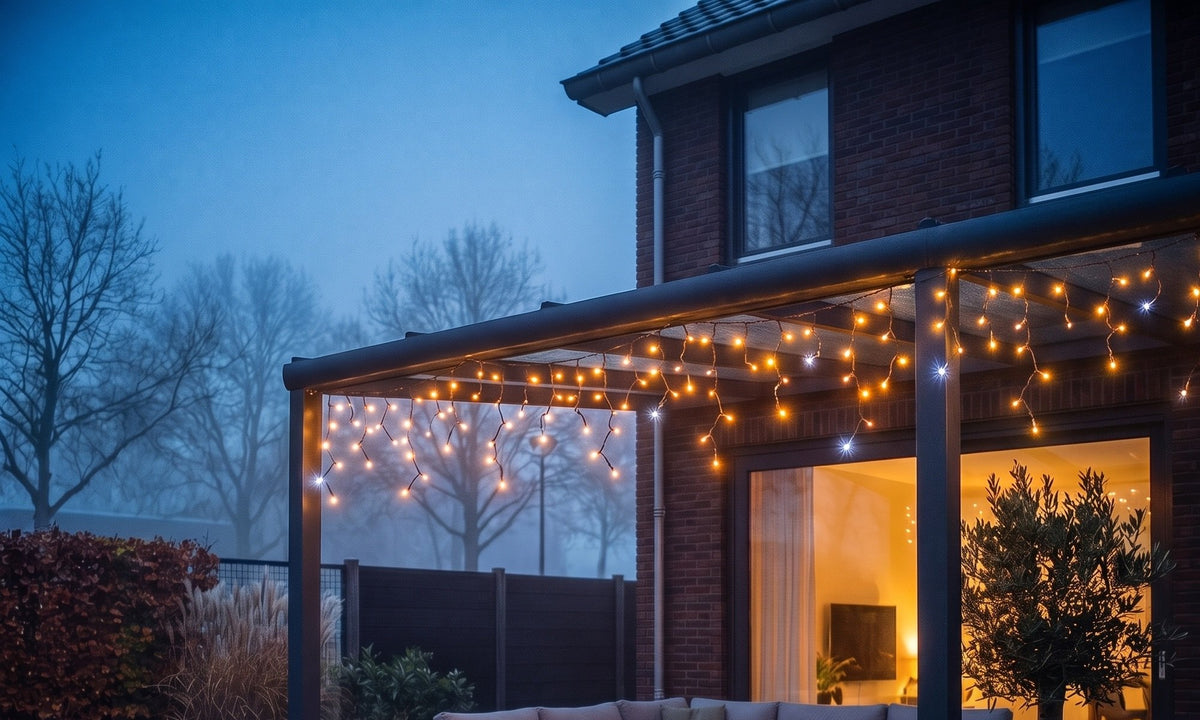 Warm witte ijspegelverlichting langs een veranda
