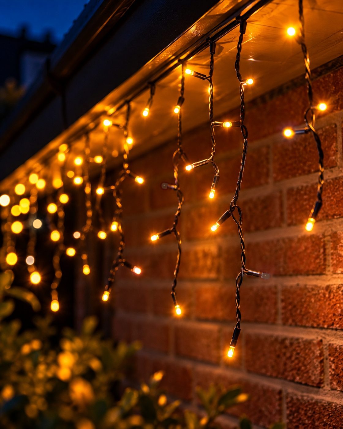 IJspegelverlichting warm wit langs een bakstenen gevel bij avond