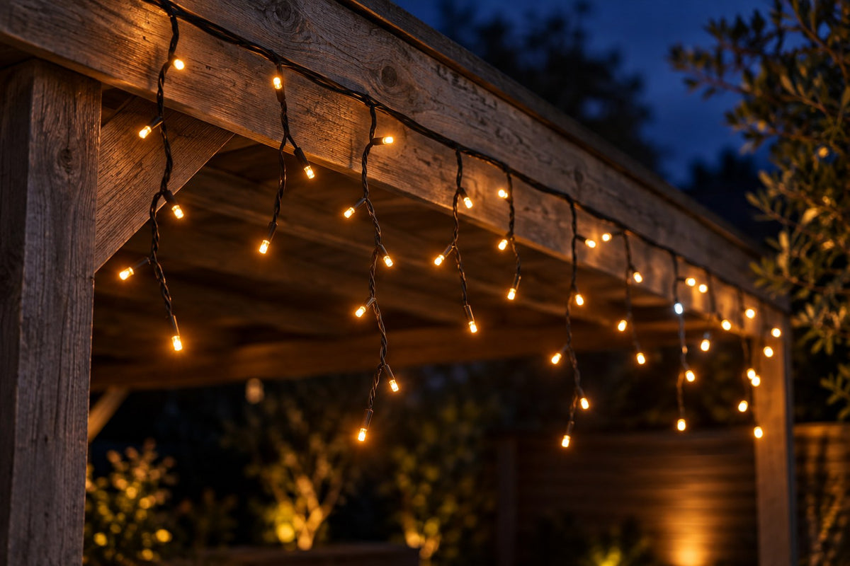 IJspegelverlichting onder een houten overkapping