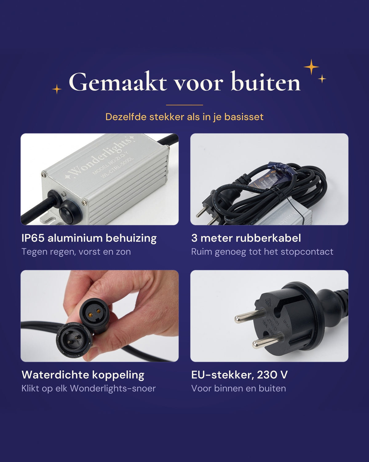 Kenmerken: IP65 aluminium behuizing, 3 meter rubberkabel, waterdichte koppeling, EU-stekker