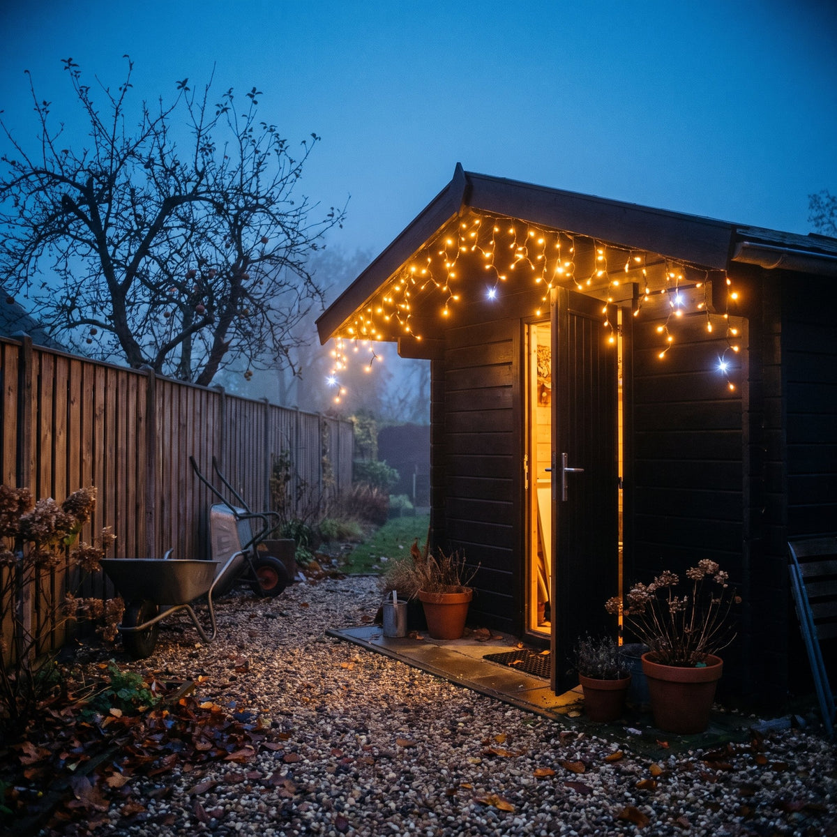 Tuinhuis met warm witte ijspegelverlichting en enkele witte twinkels