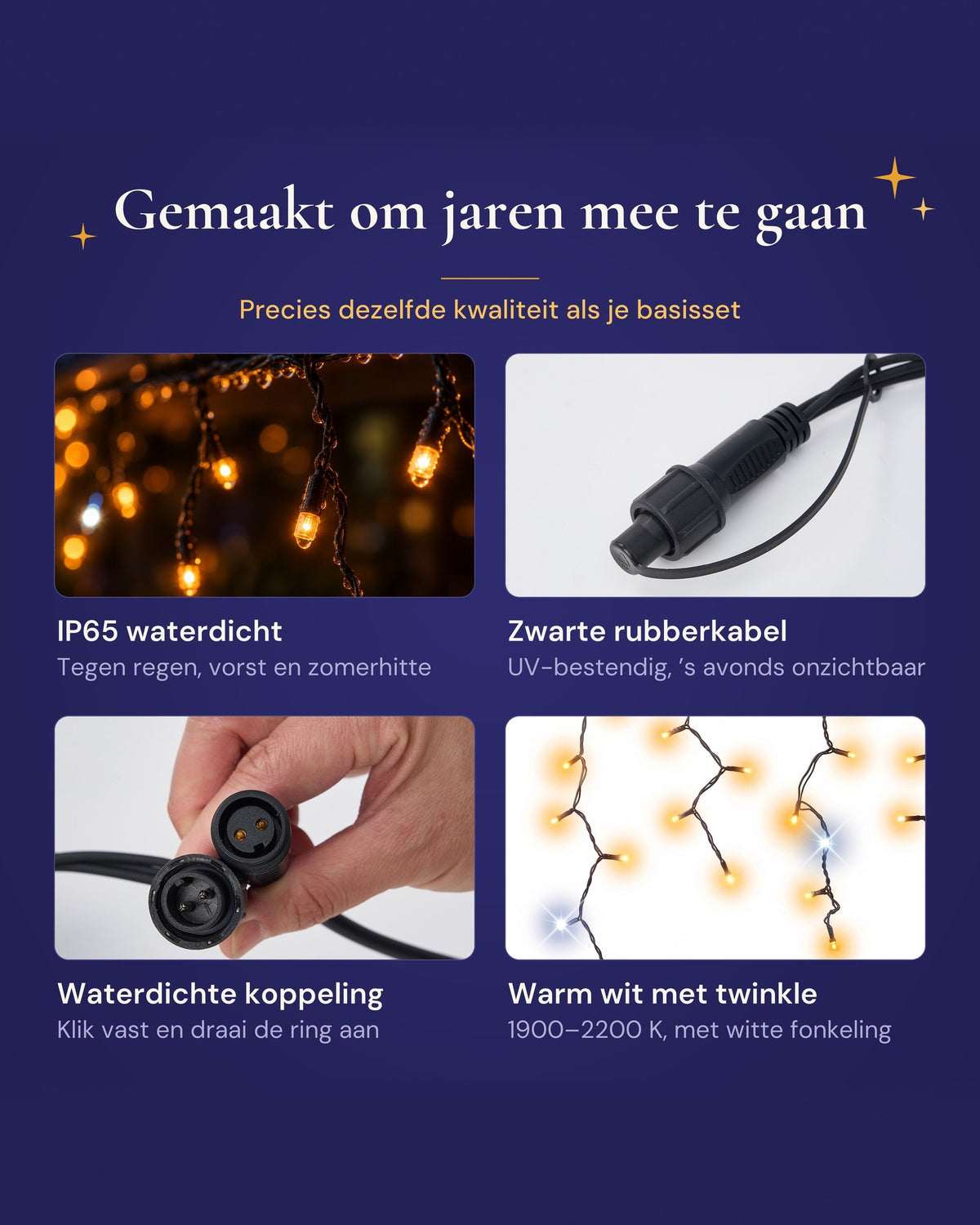Kenmerken: IP65 waterdicht, zwarte rubberkabel, waterdichte koppeling, warm wit met twinkel