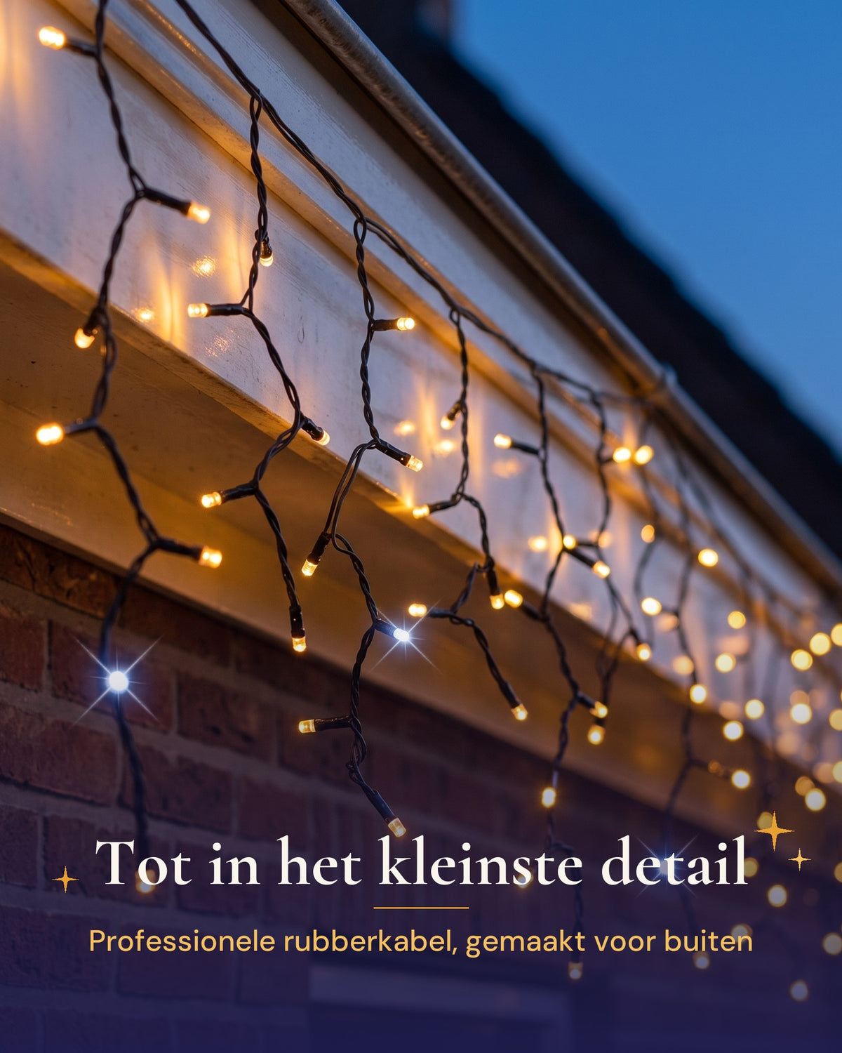 Close-up van de Wonderlights verlengset: ijspegelverlichting aan een professionele zwarte rubberkabel, gemaakt voor buiten