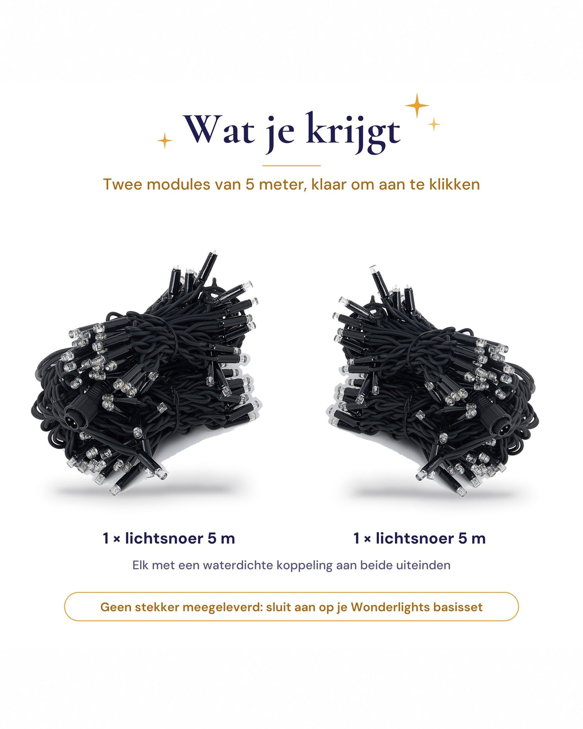 Inhoud: twee lichtsnoeren van 5 meter met waterdichte koppeling, zonder stekker