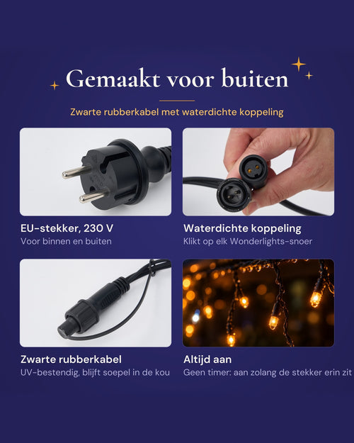 Kenmerken: EU-stekker, waterdichte koppeling, zwarte rubberkabel, altijd aan