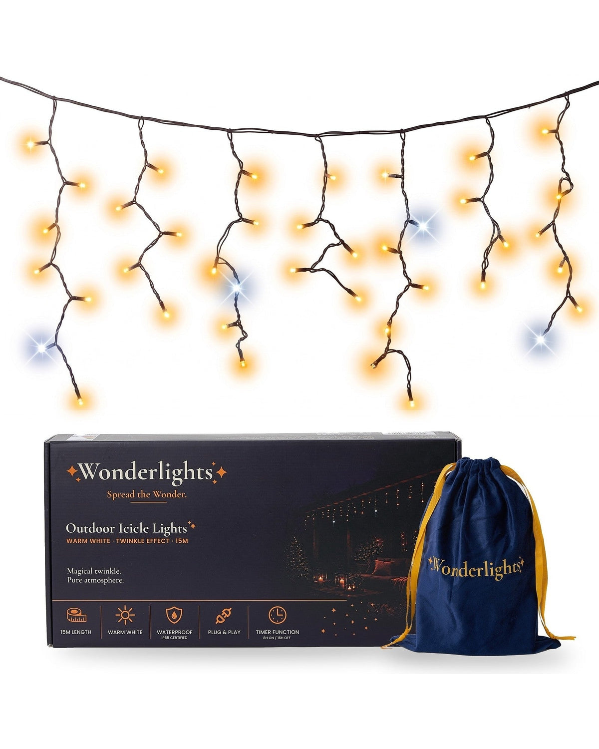 Wonderlights Twinkle ijspegelverlichting 15 m met geschenkdoos en velours zakje